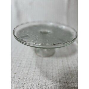 Depression Glass Jeanette Lyre Pedestal Cake Glass Scallop Harp Gold Trim 10”